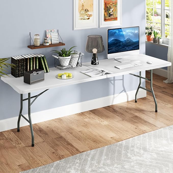 Folding Table, HDPE Portable Table with 8 ft Long Tabletop, Metal Frame Picnic Camping Table with Safe Lock, Collapsible Dining Table for Camping, Picnic, Party (White, 8 FT)