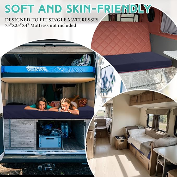 Breling Fitted Sheet (Sheet Only) Compatible with Milliard Trifold Mattress Folding Mattress Fitted Microfiber Bedclothes for Camp Bunk Rvs Bed(Navy Blue,2 Pcs,Single,4'')