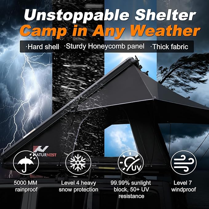 Naturnest Rooftop Tent Hard Shell, Easy Set Up Pop Up Tent for 2 Person Camping, Waterproof UV-Resistant Blackout Privacy 4 Season Tents for Truck, Jeep, SUV, Van, Trailer - Polaris Plus