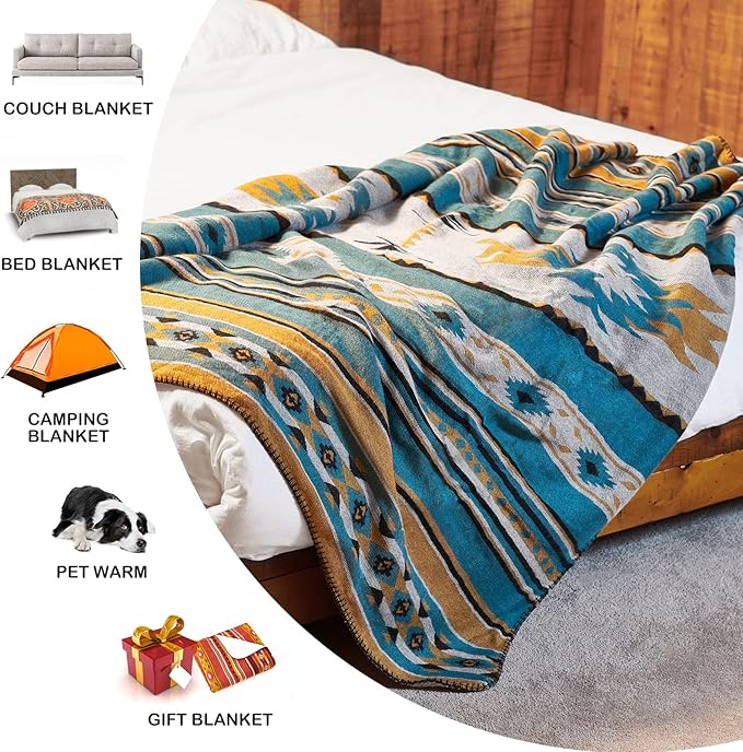 Aztec Patterned Throw Blanket with Soft Sherpa Lining, Traditional Southwestern Navajo Tribal Style Warm Throw for Camping, Outdoor, Light Weight Cozy Boho Blanket for Couch, Sofa, Bed, 60”x80”, Teal