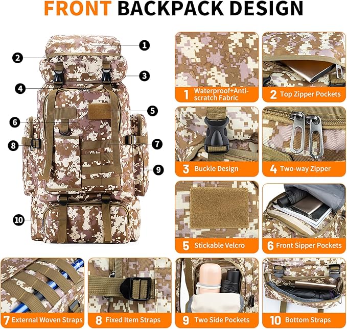 Hiking Backpack Tactical Backpack for Men Women, 80L Military Backpack Rucksack Waterproof Large Travel Camping Backpack for Men, Molle Rucksack Outdoor Travel Cycling Daypack (Desert Camo)
