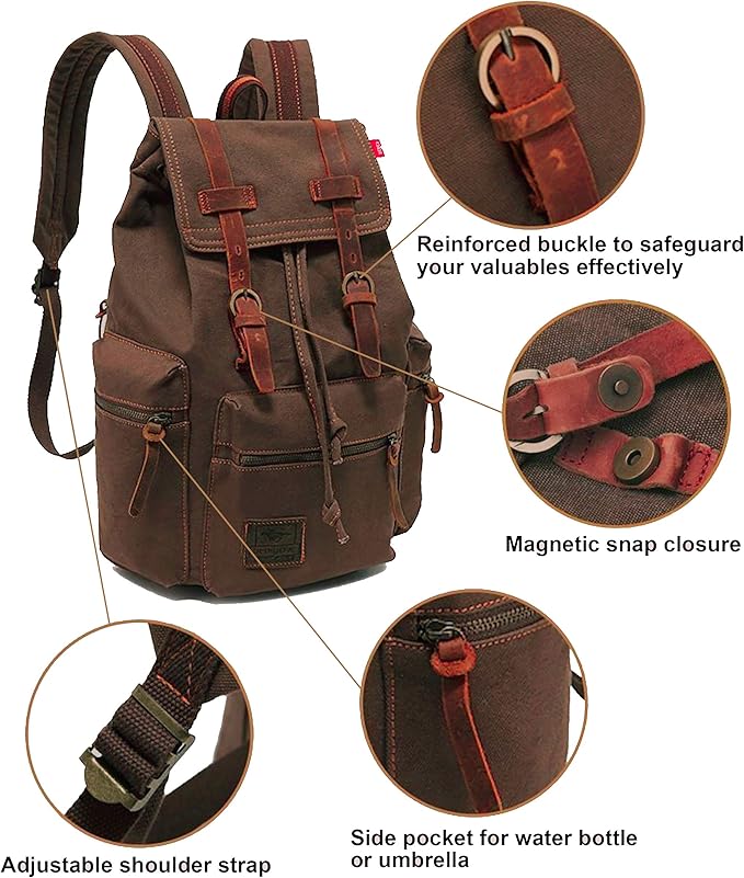 HuaChen Vintage Canvas Travel Backpack with Leather Trim, Laptop Padded Sleeve, Hidden Back Security Pocket, Fits 15-Inch, M32 Coffee Large