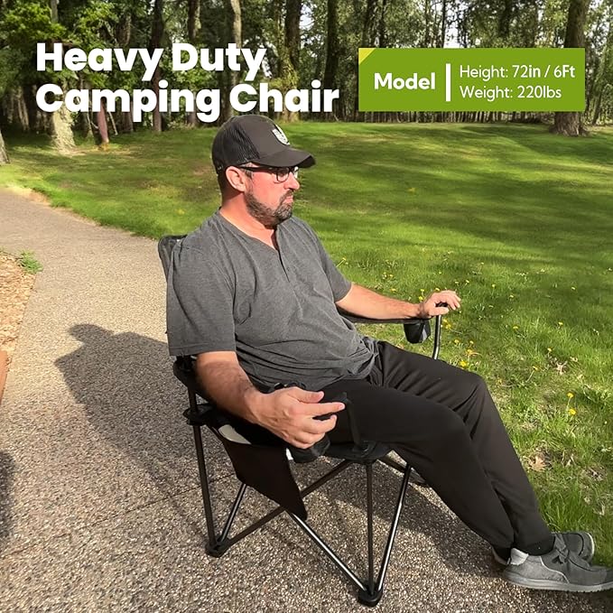 Outdoor Large Camping Chairs for Adults, Heavy Duty Camp Chair Support 800lbs, King Kong Folding Chairs with Padded and Pocket for Outside, Sports, Lawn, Built Durable and Reliable, Black