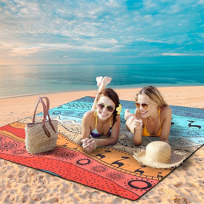 Beach Blanket, Sandproof Beach Mat, Waterproof Quick Drying Lightweight Outdoor Aztec Picnic Mat 79" X 83"/120"x108" for 2-8 Adults for Travel, Camping, Hiking
