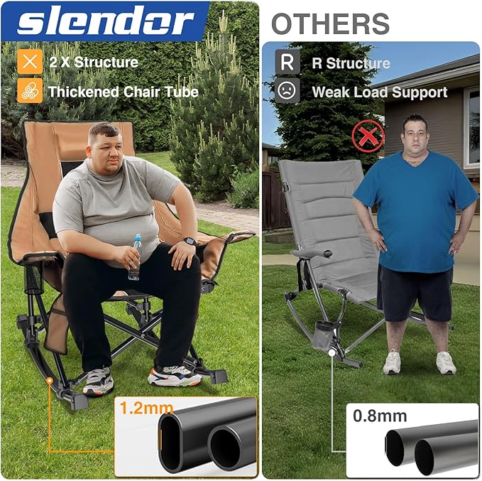Slendor Heated Rocking Chair, Oversized Heated Camping Chair w/ 3 Levels Heat for Back+Seat, Heated Rocking Camping Chair with 20000 mAh Power Bank, Pillow, Side Pocket, Padded, Carry Bag, Tawny