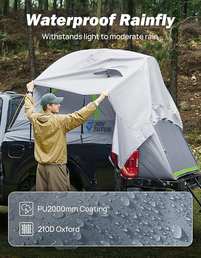 JOYTUTUS Pickup Truck Tent 5ft 2.0, Waterproof PU2000mm Double Layer for 2 Person, Portable Truck Bed Tent with Rainfly, Green, Aluminum Pole