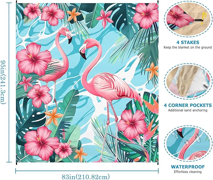 Beach Blanket Waterproof Sandproof, Flamingo Oversized Extra Large Picnic Mat 83"×95"/8 × 7 FT for 1-7 Adults for Travel Camping Hiking, Quick Drying Lightweight Outdoor Beach Vacation Essentials