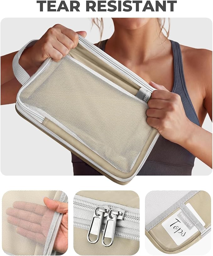 Percover Compression Packing Cubes 4-Piece Set, Packing Cubes Compression for Travel with Label Pockets, Travel Organizer for Carry On & Checked Luggage, Camel