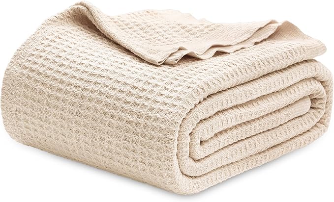 Bedsure Gentlesoft 100% Cotton Blanket Queen Size for Bed - Breathable and Soft, Waffle Weave Blanket for Summer, Thick Cozy Fall Blankets for Women Gift, Yellowish Cream, 90x90 Inches