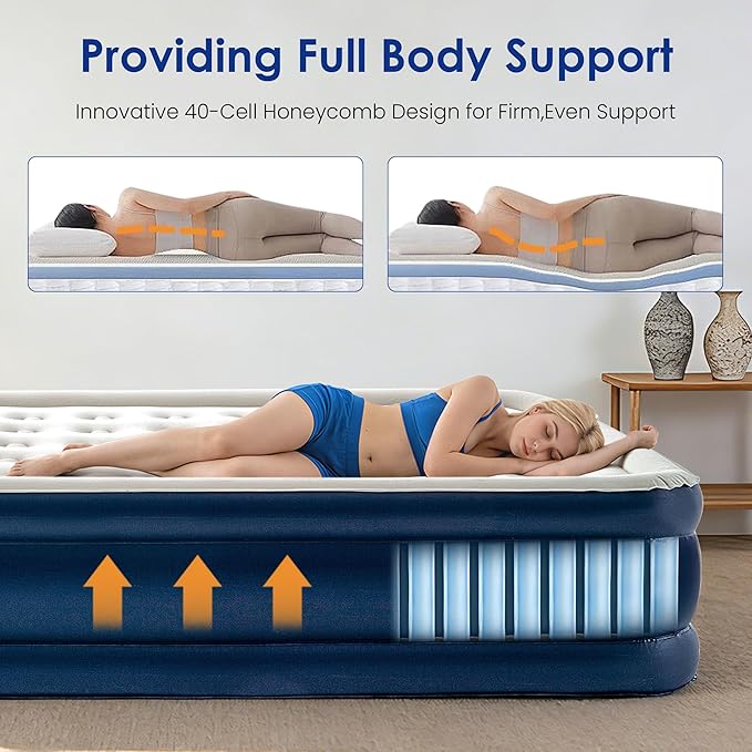 Camping Air Mattress Queen with Built in Pump 18" Thickness 660lbs Heavy Duty Comfortable Blow up Air Mattress with Carry Bag Inflatable Foldable Flocked Top Air Bed for Travel, Home (Blue & Grey)