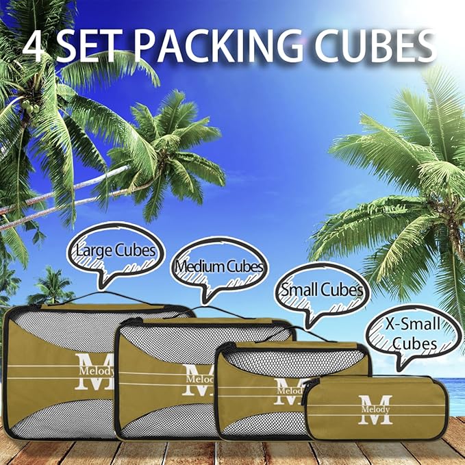 Personalized Compression Packing Cubes with Name, 4 Set Mesh Travel Organizer Bags for Carry on Women Men Boys, Luggage, Suitcase, Olive Green with Initial Letter