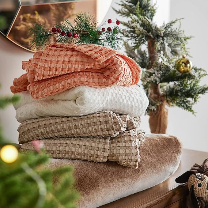 Bedsure Cooling Cotton Waffle Queen Size Blanket - Lightweight Breathable Summer Blanket of Rayon Derived from Bamboo for Hot Sleepers, Luxury Throws for Bed, Couch and Sofa, Navy, 90x90 Inches