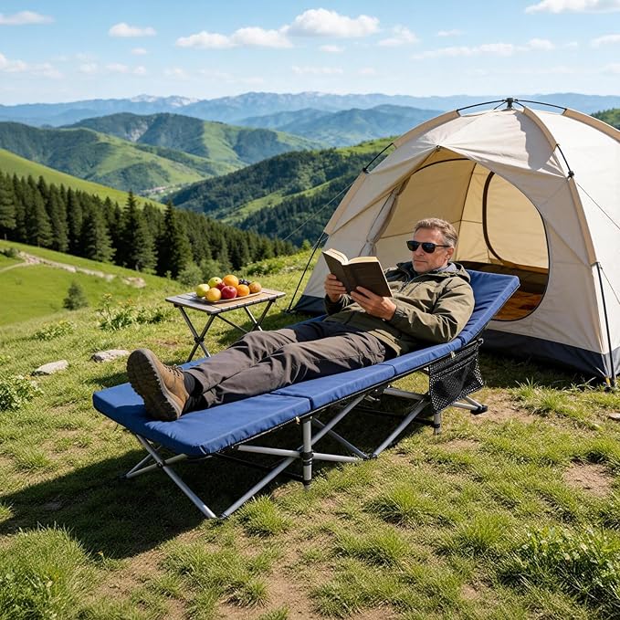 Slsy Camping Cot with 2" Memory Foam Mattress, Upgraded Padded Folding Cot Bed with Carry Bag, Portable Sleeping Cot for Camping, Travel, Beach & Hiking