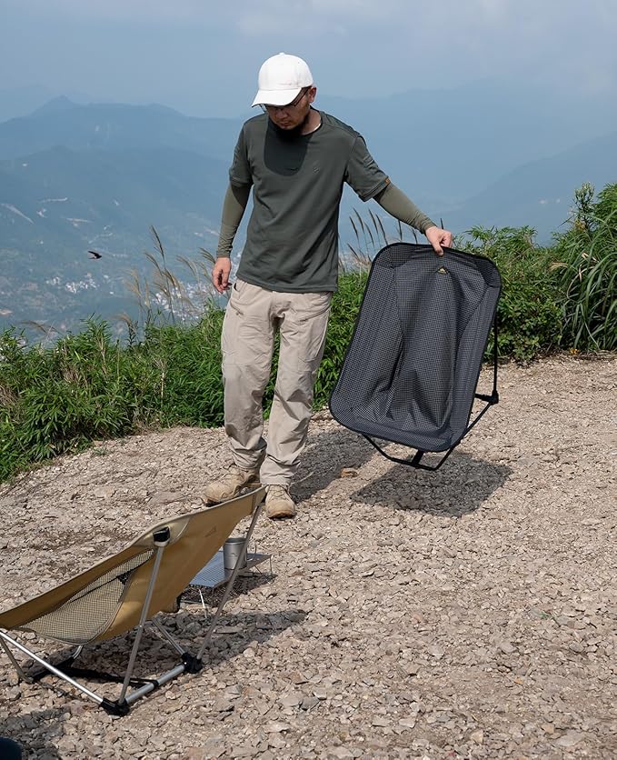 iClimb Low Ultralight Compact Camping Folding Chair with Side Pocket and Carry Bag (Black Grid)