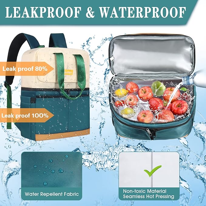 Backpack Cooler with Double Decker & 12 Ice Packs- Keeps 36 Cans Cold for Up to 8 Hours- Waterproof & Leak Proof Insulated Cooler Backpack- Stylish Cooler Bookbag for Women Travel Work Beach