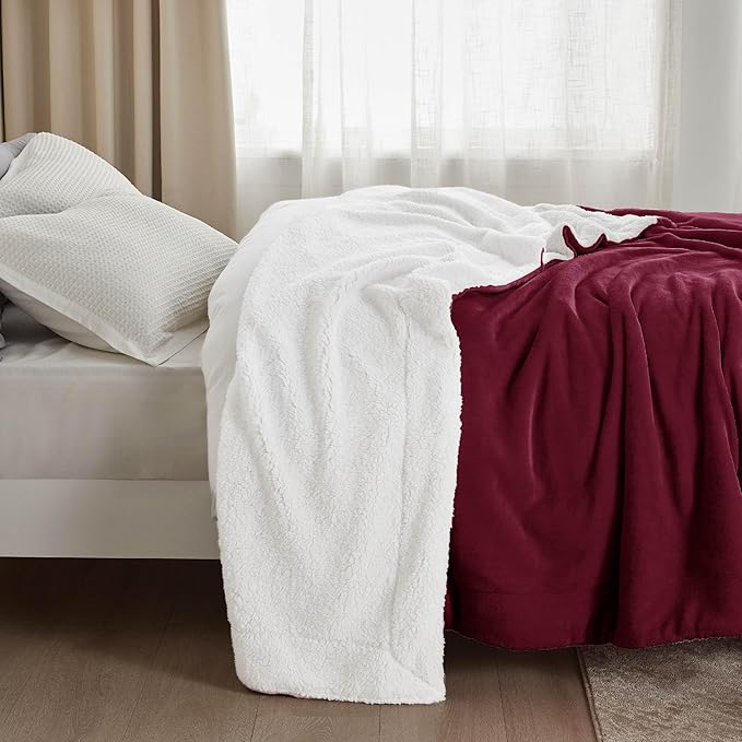 Bedsure GentleSoft Sherpa Fleece Blankets Queen Size for Bed - Thick and Warm, Soft Fuzzy Plush Queen Christmas Blanket for Winter, Burgundy, 90x90 Inches