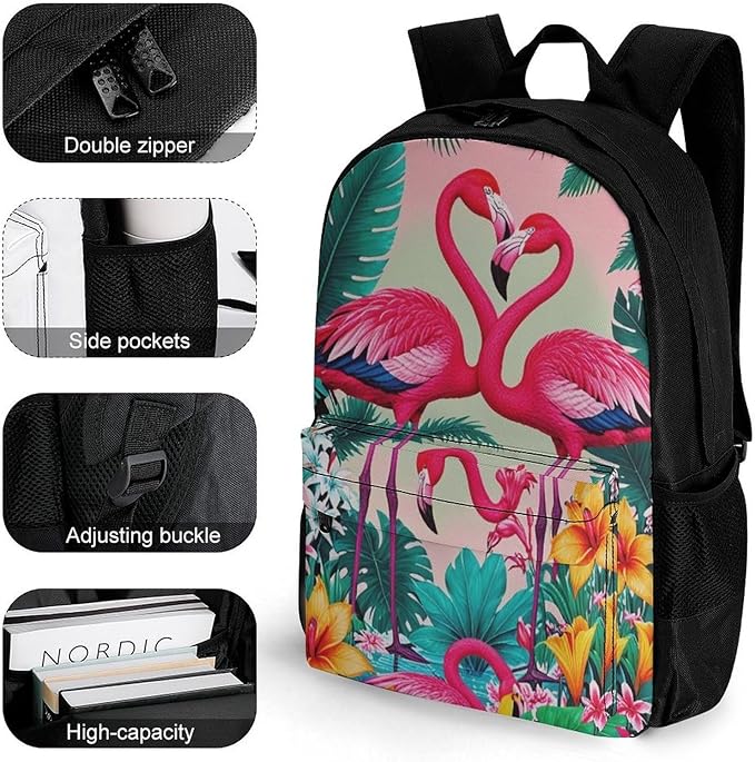 Supdreamc Daypack Backpack Polyester Anti-Theft Multipurpose Flamingos Flower Palm Pink Summer Holiday Bookbag Big Capacity Travel Hiking Camping Rucksack With Smooth Zippers