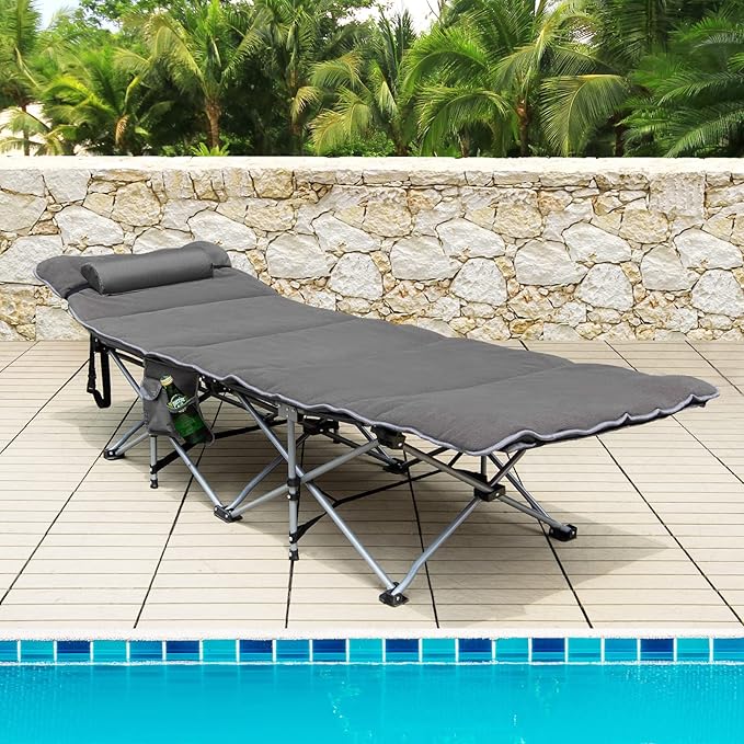 Goplus Camping Cot, Folding Camping Cot with Mattress, Pillow, Carry Bag, Storage Pocket, Camping Bed Military Cot for Home Office Nap Hiking, Heavy-Duty Portable Sleeping Cot for Adults Kids (Grey)