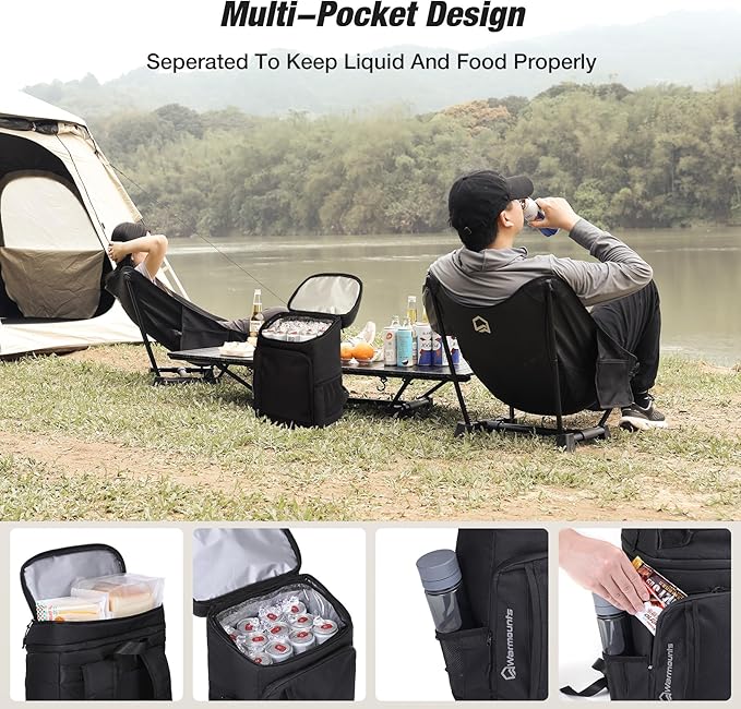 WARMOUNTS Insulated Waterproof Cooler Backpack 36 Cans, Soft Sided Ice Chest Cooler w/Leak Proof Liner, 5-Layer Insulation Portable Lunch Backpack for Camping, Beach, Fishing, Picnic, Travel (Black)
