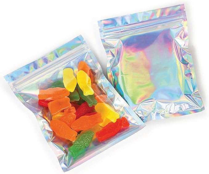 Mylar Bags with Zipper Seal 5 x 7" | 100 Bags | Rainbow Holographic | Sealable Heat Seal Bags for Candy and Food Packaging, Medications and Vitamins | For Liquid and Solids (5" x 7")