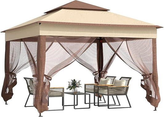 Outsunny 11' x 11' Pop Up Canopy, Outdoor Patio Gazebo Shelter with Removable Zipper Netting, Instant Event Tent w/ 114 Square Feet of Shade and Carry Bag for Backyard, Garden, Khaki