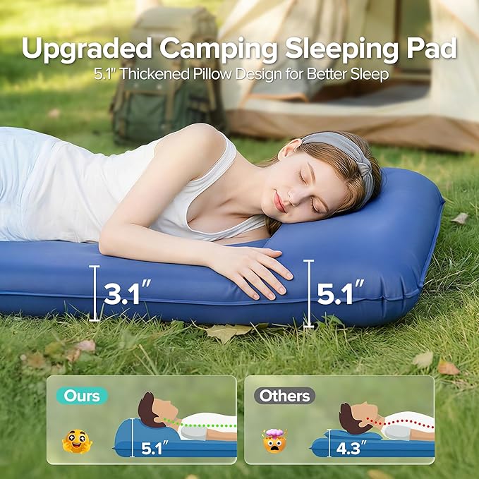 Memory Sleeping Pad, 3.1" Ultra-Thick Outdoor Foam Camping Sleeping Mat with Pillow, Easy Inflate & Deflate, 9.5 R-Value, Waterproof 4-Season Camping Mat for Backpacking Hiking Tent Car (Dark Blue)
