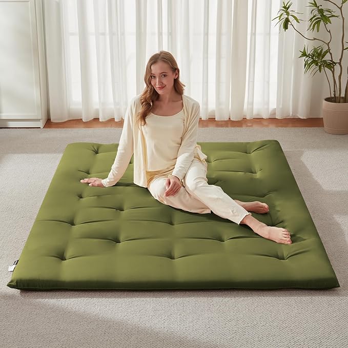 Japanese Floor Futon Mattress Full Size 54"x 80", Foldable Floor Bed Mattress, Portable Tatami Mat Sleeping Pad, Folding Futon Cushion, Roll Up Floor Lounger for Guest Room Dormitory (Green)
