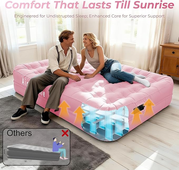 Queen Air Mattress with Built-in Rechargeable Battery Pump, Cooling Pongee Fabric Material, Waterproof & Leakproof Air Mattress Queen, Camping Airbed, (18", Pink)