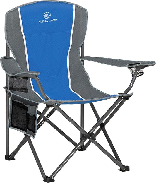 LET'S CAMP Oversized Outdoor Folding Camping Chair, Heavy Duty Arm Chair with Cup Holder and Storage Bag, 350 LBS Weight Capacity, Blue