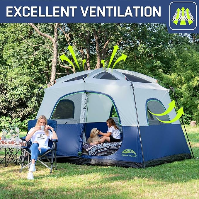 Happy Travel Tent 6 Person Tents for Camping, Waterproof Easy Setup Camping Tent with Rainfly, Portable Large Family Cabin Tent with 5 Large Mesh Windows and Carry Bag for Outdoor Camping & Hiking