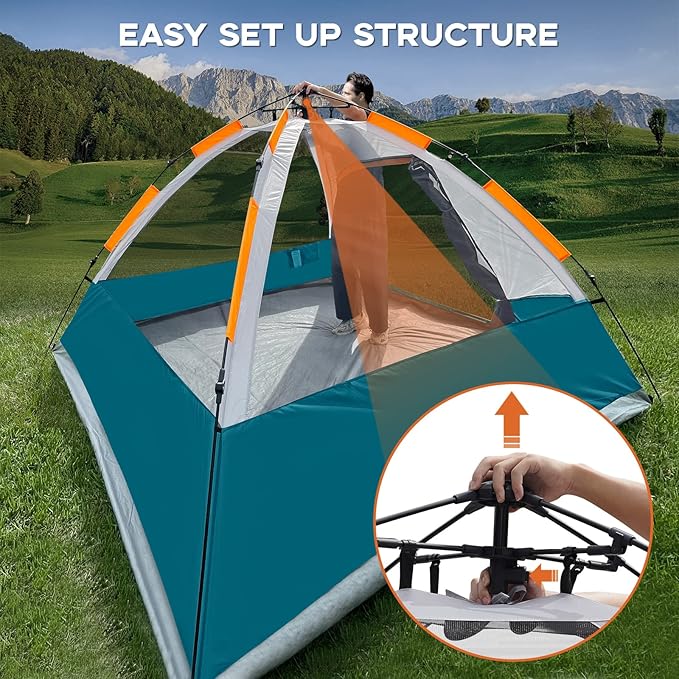 EZ-Sport Pop Up Camping Tent - 4 Person Instant Easy Set Up Family Tent with Removable Rain Fly, Waterproof Windproof Automatic Tent for Outdoor Camping Hiking Backpacking Traveling
