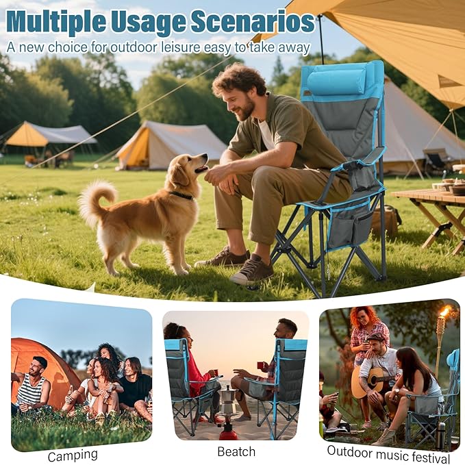 Oversized High-Back Camping Chairs with Pillow, Dual Cup Holders & Cooler Bag - Heavy Duty Foldable Outdoor Chair for Adults, Picnic, Fishing, Backyard, Sports (2, Bluegrey)