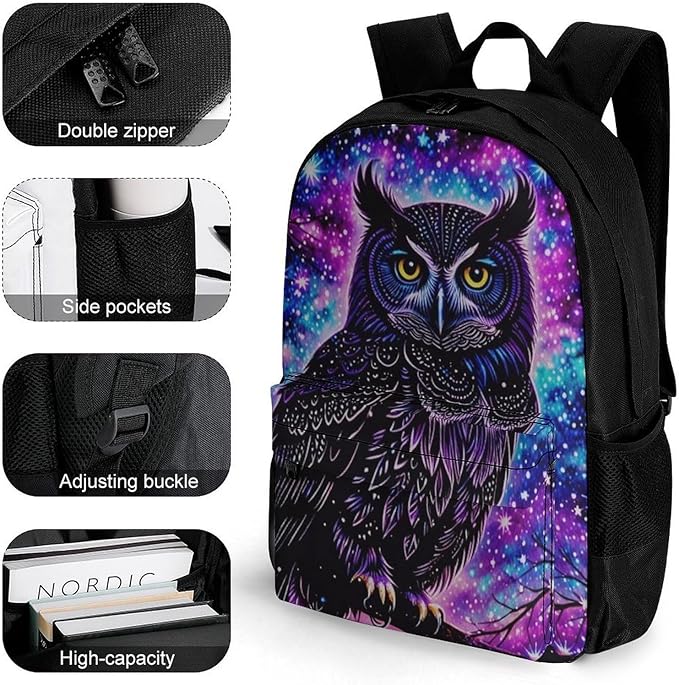 Men Women Polyester Galaxy Owl Daypack Backpack Large Capacity Carry On Bag With Smooth Zippers for Hiking Picnic Walking Cycling