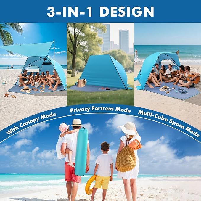 Elegear CumbreX™ Beach Tent with Canopy 4-6 Person, 1-Second Umbrella-Style Setup Pop Up Sun Shelter Shade, UPF 50+ UV Protection Four-Layer Silver-Coated Lightweight Portable Beach Cabana - Aqua Blue