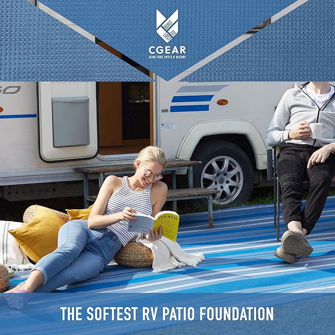 CGEAR RV Comfort Mat – Patented Sand-Free Technology with Ultra Soft Material – Sized to Your RV, Campsite, Beach House – Great Outdoor Patio Rug for RV and Camping (Navy Dynamic Stripe, 8' x 11')