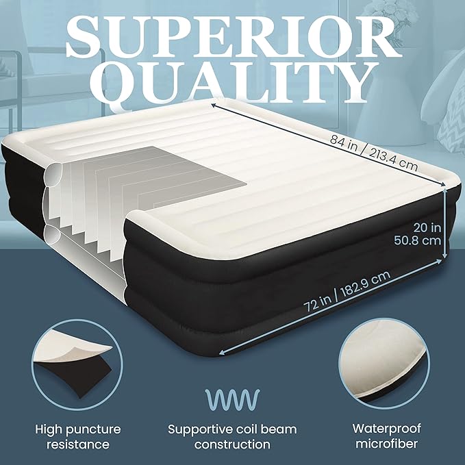 Englander Cal King Size Air Mattress w/Built in Pump - Luxury Double High Inflatable Bed for Home, Travel & Camping - Premium Blow Up Bed for Kids & Adults - Black
