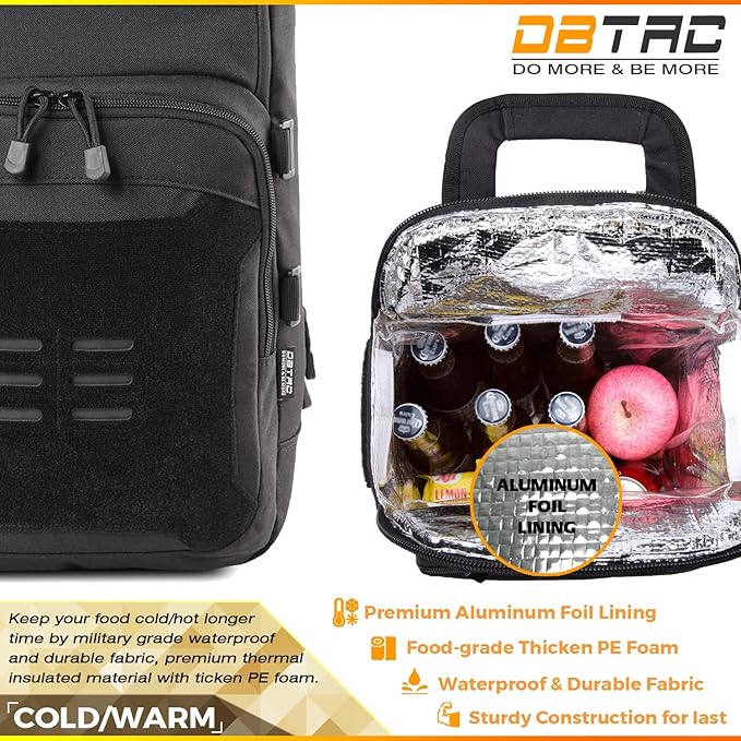 DBTAC Tactical Lunch Backpack, Large Lunch Cooler for Men Women Adult | Cooler Backpack Insulated Leak Proof for Work Camping Fishing Outdoor Travel w/Soft Easy-Clean Liner x2 (Black, 24-Cans)