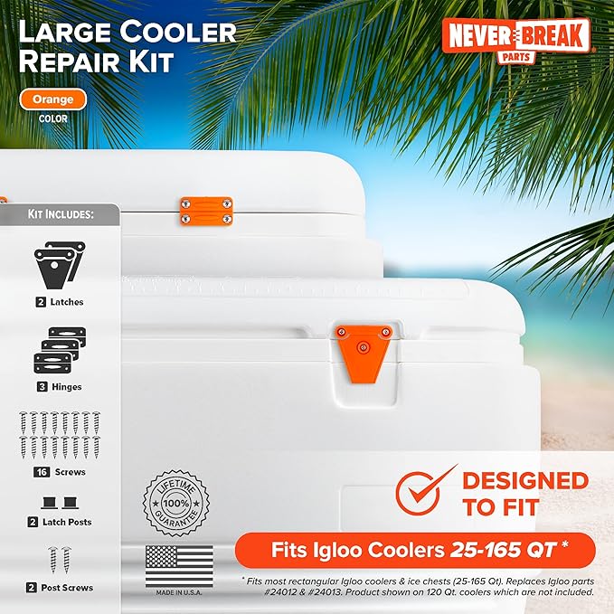 NeverBreak Parts - Igloo Cooler Replacement Parts - Large Repair Kit | High Strength Igloo Cooler Hinges Replacement with Latches | Ice Chest Repair Kit