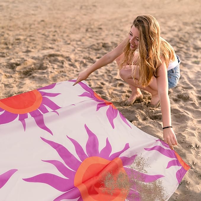 Large Beach Blanket Waterproof Sandproof, 9×10 FT Beach Mat Sand Free for 2-8 Adults with Stakes and Sand Pocket, Foldable Picnic Blankets for Outdoor, Camping Hiking, Vacation Essentials-Boho Sunset