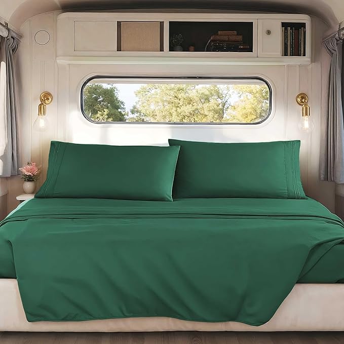 Hearth & Harbor Short Queen Sheets for RV, Dark Green RV Queen Sheets, Silky Soft 1800 Microfiber Bed Sheet for Camper, 4 Piece RV Bedding with Pillowcases