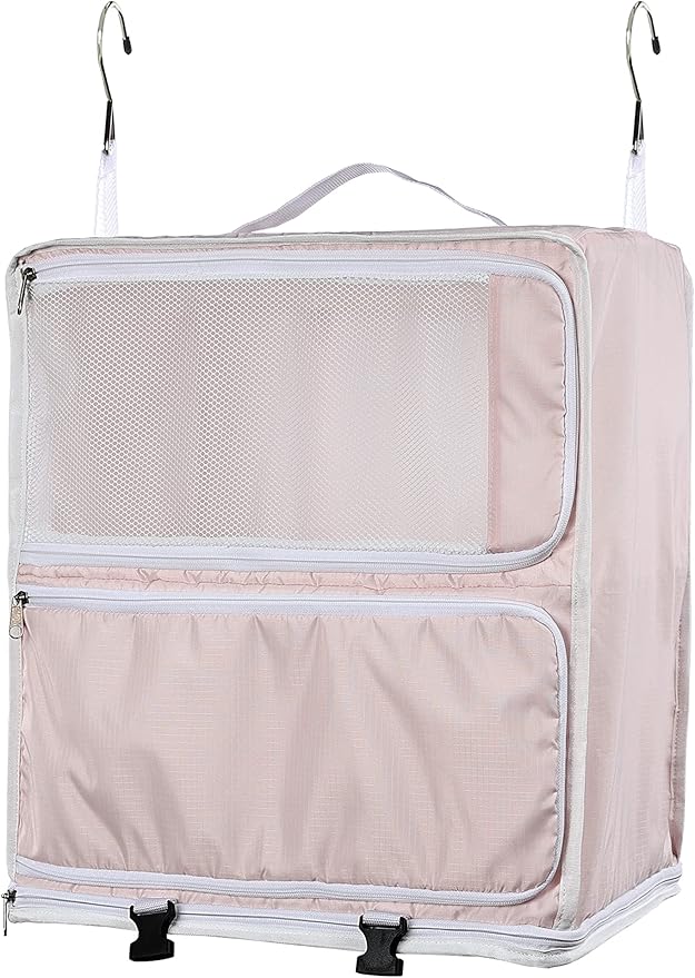 ELEZAY Hanging Packing Cubes Portable Closet 3-Shelf Travel Collapsible Compression Garment Organizer for Carry-on Luggage Suitcase Space Saver Bag XX-Large_No Side Pockets, Blush Pink