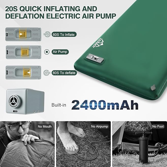 Self Inflating Sleeping Pad with Electric Pump, 3.15" Ultra-Thick Memory Foam Sleeping Mat with Pillow, 4-Season Camping Mattress with Pillow for Tent Car Travel