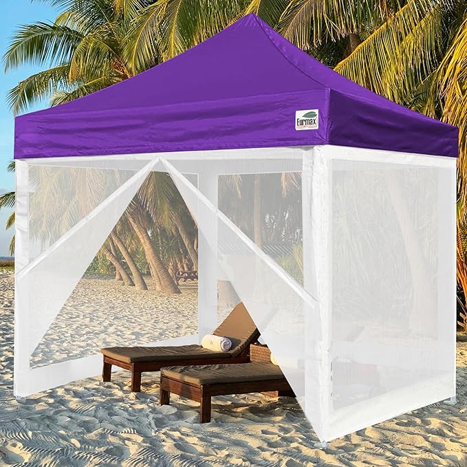 Eurmax USA 10'x10' Pop-up Canopy Tent Commercial Instant Canopies with 4 Removable Zipper End Screen Wall kit and Roller Bag, Bonus 4 SandBags(Purple)