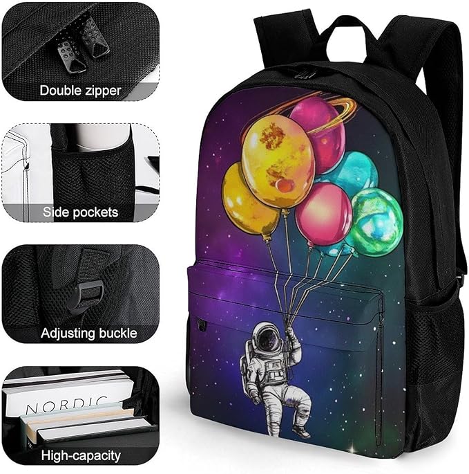 Polyester Daypack for Hiking Work Running, Big Capacity Anti-Theft Multipurpose Shoulder Bag, Planet Moon Balloon Astronaut Art Travel and Sport Backpack Rucksack