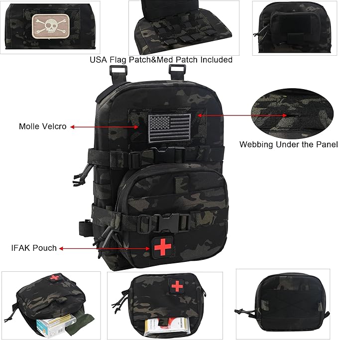 Tactical Mini Molle Hydration Pack,Molle Hydration Carrier with IFAK Pouch&US Flag&Med Patch,Hydropack for 2L Water Bladder