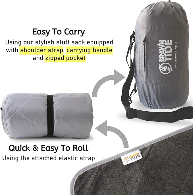 BRAWNTIDE Large Outdoor Waterproof Blanket - Extra Thick Fleece, Warm, Windproof, Sandproof, Quilted, 82" x 55", Ideal for Beaches, Picnics, Camping, Stadiums, Dogs, Car