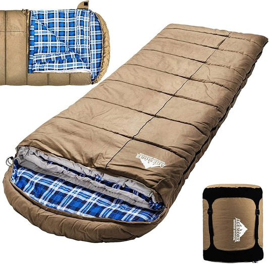 AGEMORE 0 Degree Canvas Sleeping Bag for Adults, Cotton Flannel Sleeping Bag for Winter Camping, Fishing, Hunting or Traveling, Durable Cotton Canvas Shell and Removable Flannel Liner