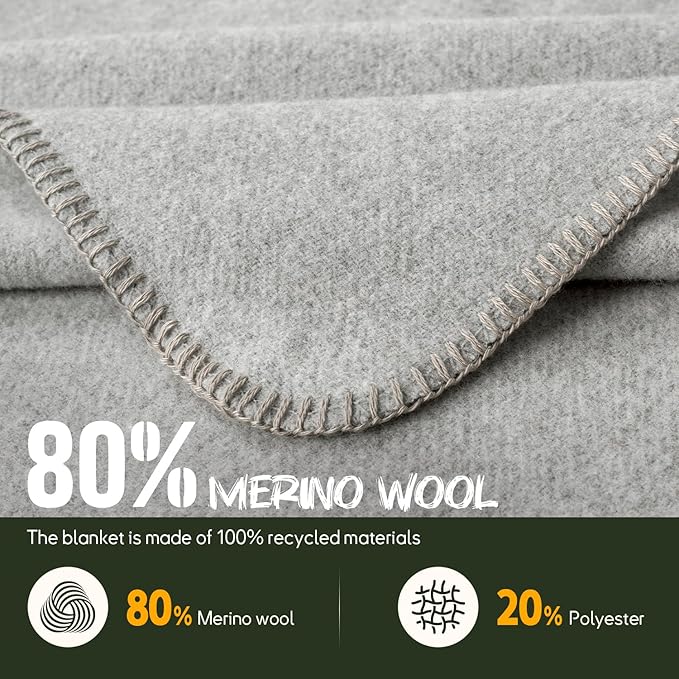 Merino Wool Blend Camping Blanket Ultra Warm, Moisture Wicking, Portable Outdoor Blanket for Camping, RV Trips, Adventures, Picnic, Bushcraft Survival Kits, Large 86"x62"