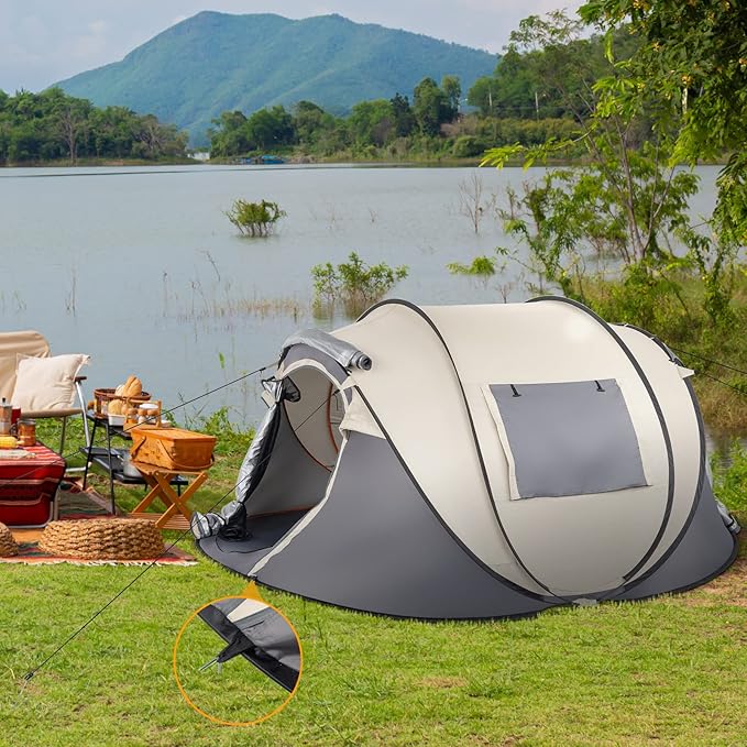 4-Person Pop Up Camping Tent, Waterproof & Windproof, Instant Setup with Windows & Ventilation, Beige and Gray, Lightweight Portable for Family Camping, Hiking, and Backpacking