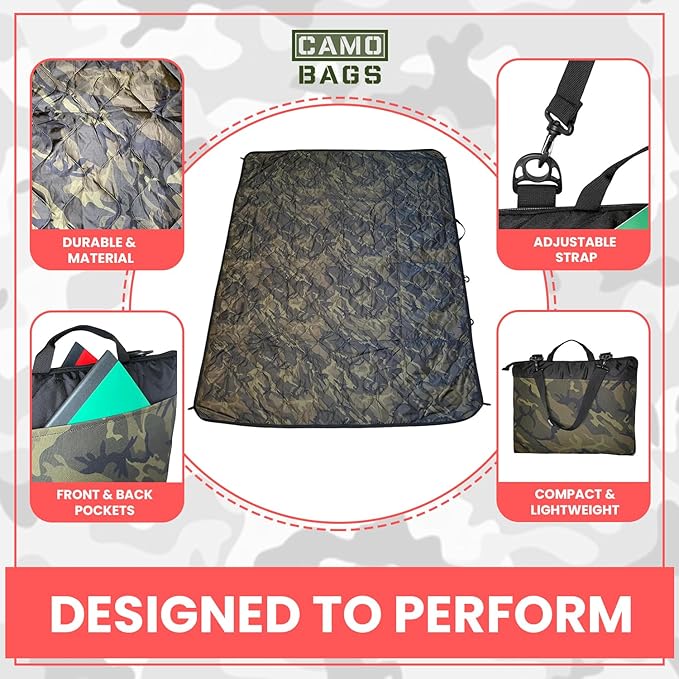 Outdoor Packable Camo Blanket - 1000D Polyester Interior & RIPSTOP Fabric Exterior Blanket with Adjustable & Removable Carrying Strap - Front, Back Storage Pocket - Ideal for Camping & Outdoor Use